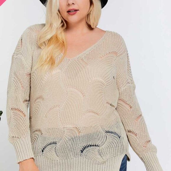 DAVI & DANI Plus Size Beige Open Knit V-Neck Sweater, Lightweight Boho Pullover - Picture 2 of 7